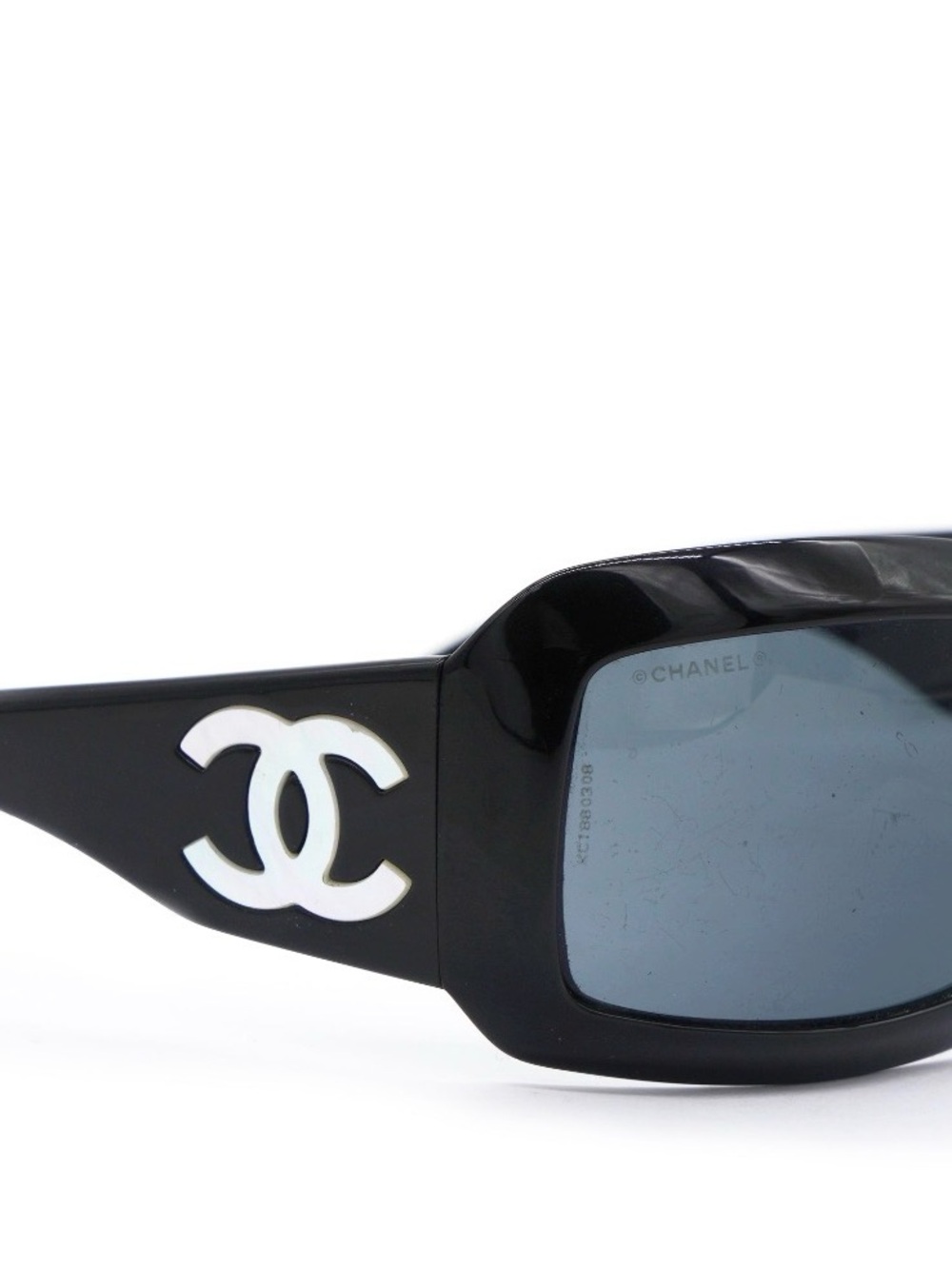 CHANEL vintage Black (blue ish lenses) Rectangular Sunglasses with pearl Logo